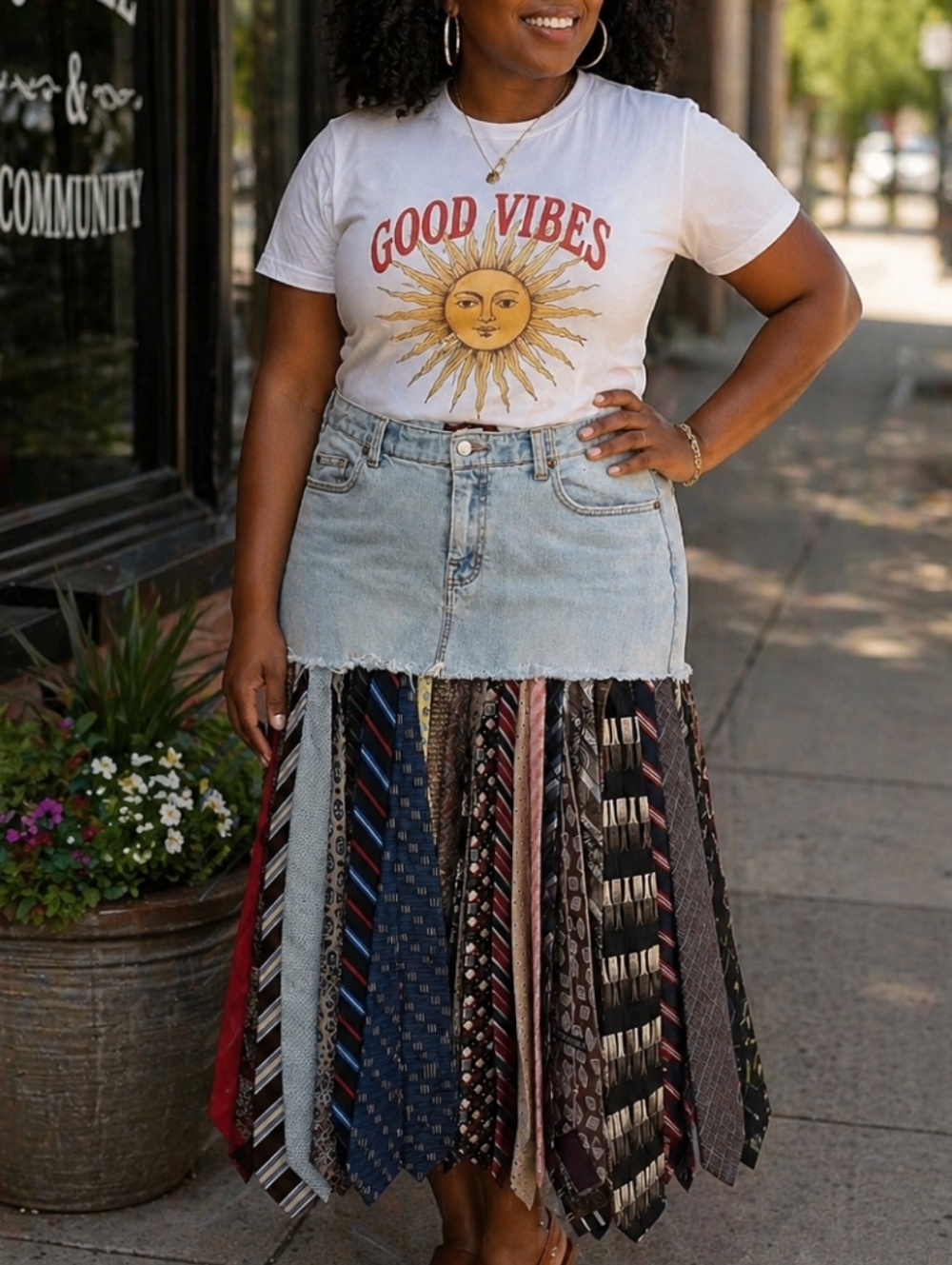 Bohemian Recycled Denim Maxi Tie Skirt with Multi-Patterned Panel